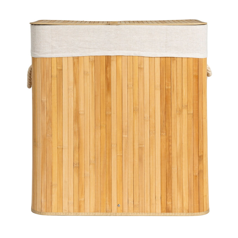 Natural Bamboo Double Laundry Hamper with Rope Handles and Lid