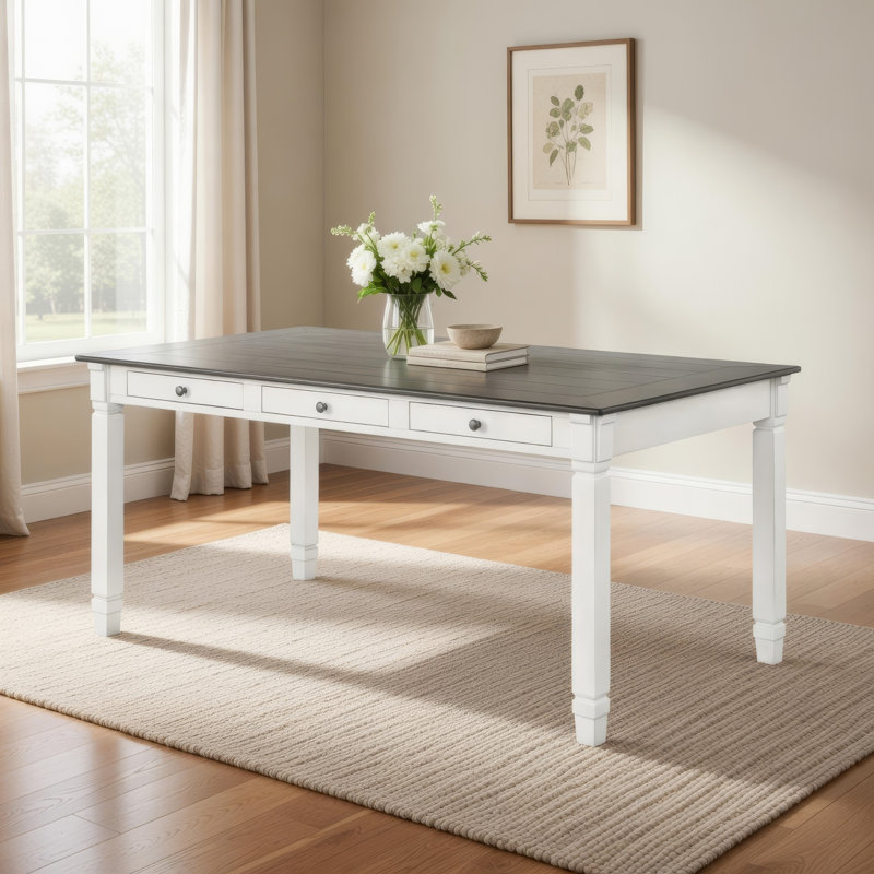 Table de salle à manger Dola, blanc rustique, bois gris, plateau rectangulaire de 72 pouces
