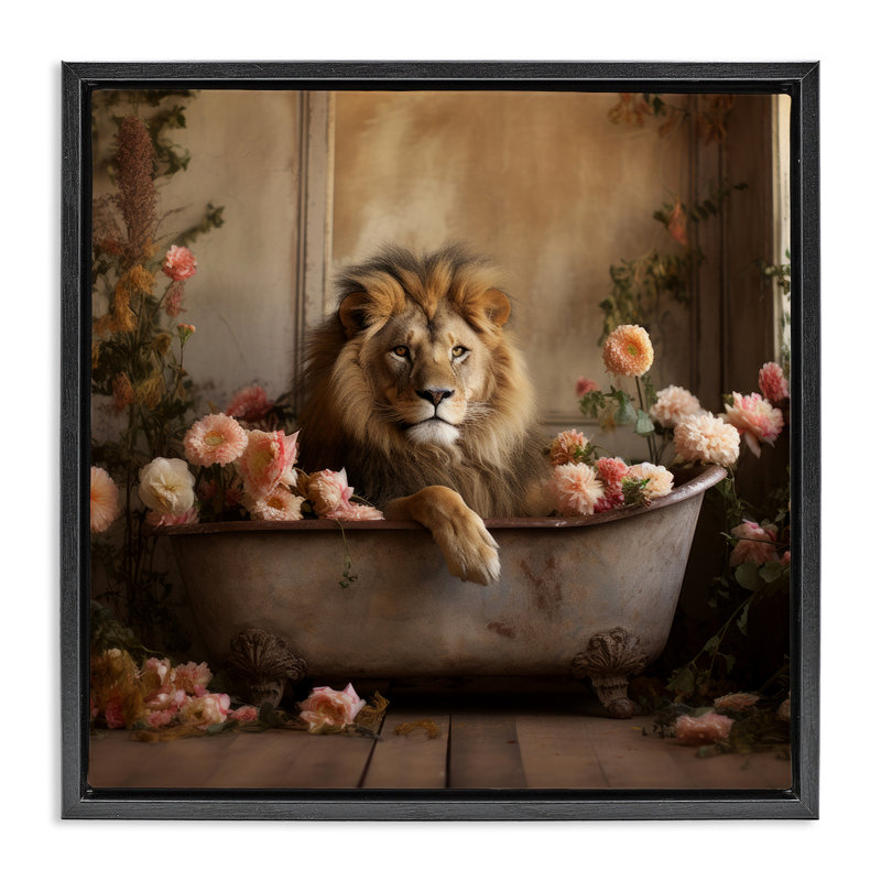 Lion dans une baignoire remplie de fleurs, H 18 po x l 18 po, Cadre flottant noir de jais