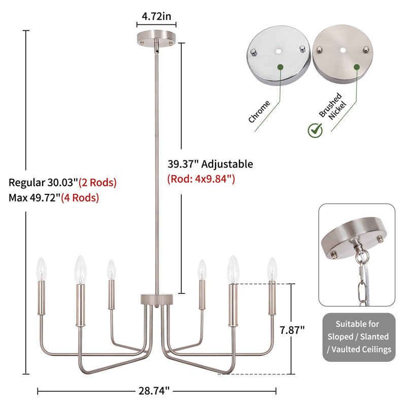 6- Light Dimmable Traditional Chandelier, Sand nickel