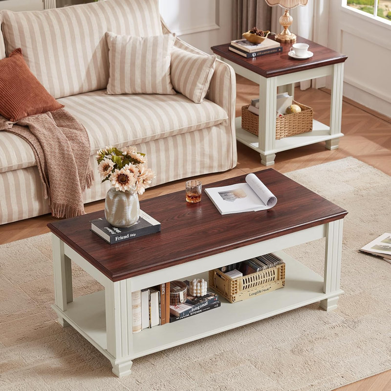 Table basse carrée - Table de salon rustique en bois avec grande tablette de rangement ouverte, blanc