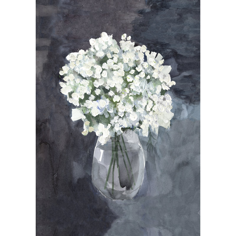 «White Flowers in Vase Watercolor Blue», reproduction d'art sur toile tendue, H 48 po x l 32 po