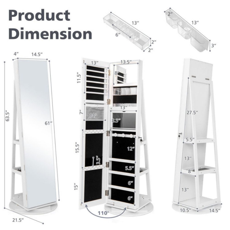 360° Rotating Mirrored Jewelry Cabinet Armoire 3 Color LED Modes Lockable, Blanc