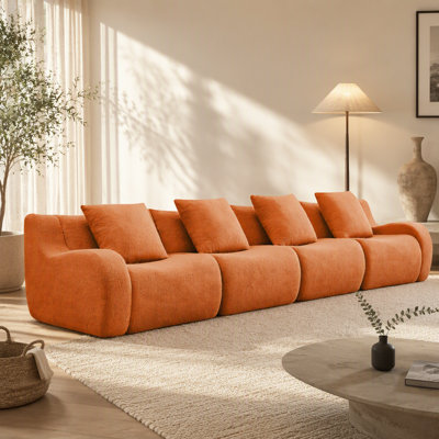 Comfortable 4-Seat Boneless Sofa with High-Quality Teddy Fabric, Curved Armrest, Anti-Slip Design, and No Assembly Required