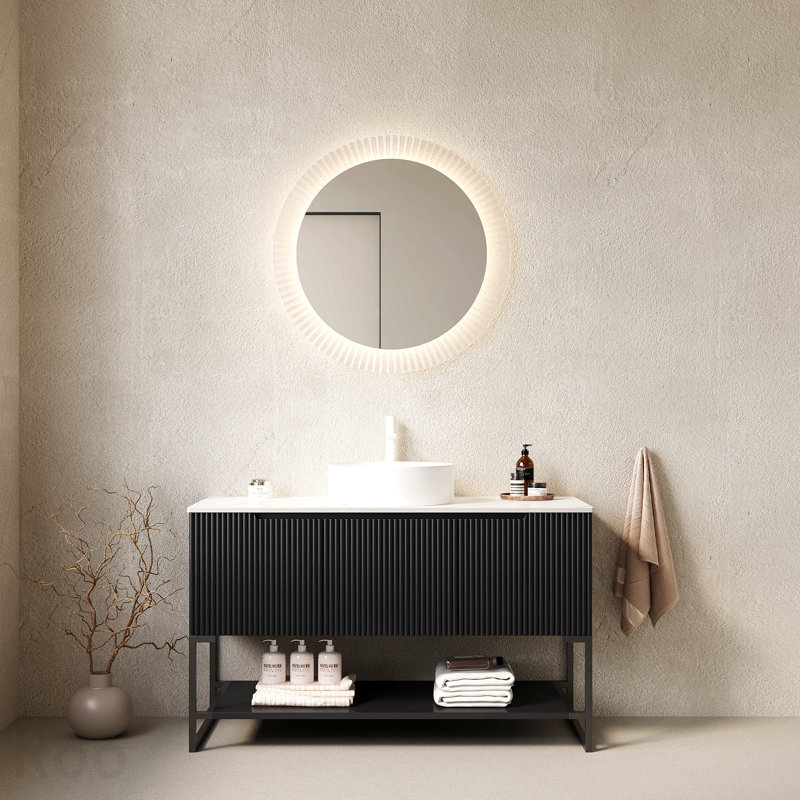 Bathroom Storage - TULIO 48" Bathroom Vanity with Sink, Freestanding Bathroom Storage Cabinet with 3 Doors and Open Shelf, White Round Ceramic Vessel Basin and Carrara White Sintered Stone Countertop, Black