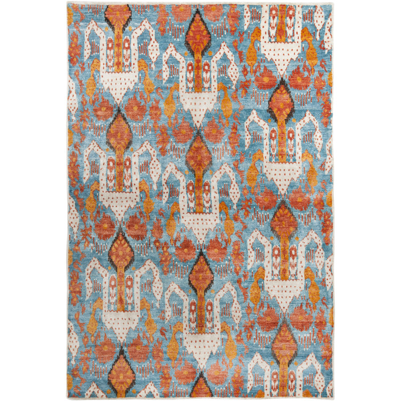 Luxor Blue and Orange Hand-Knotted Geometric 6' x 9' Area Rug