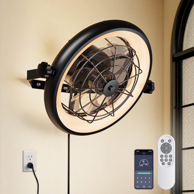 Ventilateur mural 16 po noir avec télécommande et lumière, cage à 6 vitesses, lumière et minuterie, fiche d'inclinaison réglable à 360 °