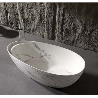 67" Freestanding White & Yellow Marble-textured Engineered Stone Bathtub– Layered Thickened Edge Soaking Tub