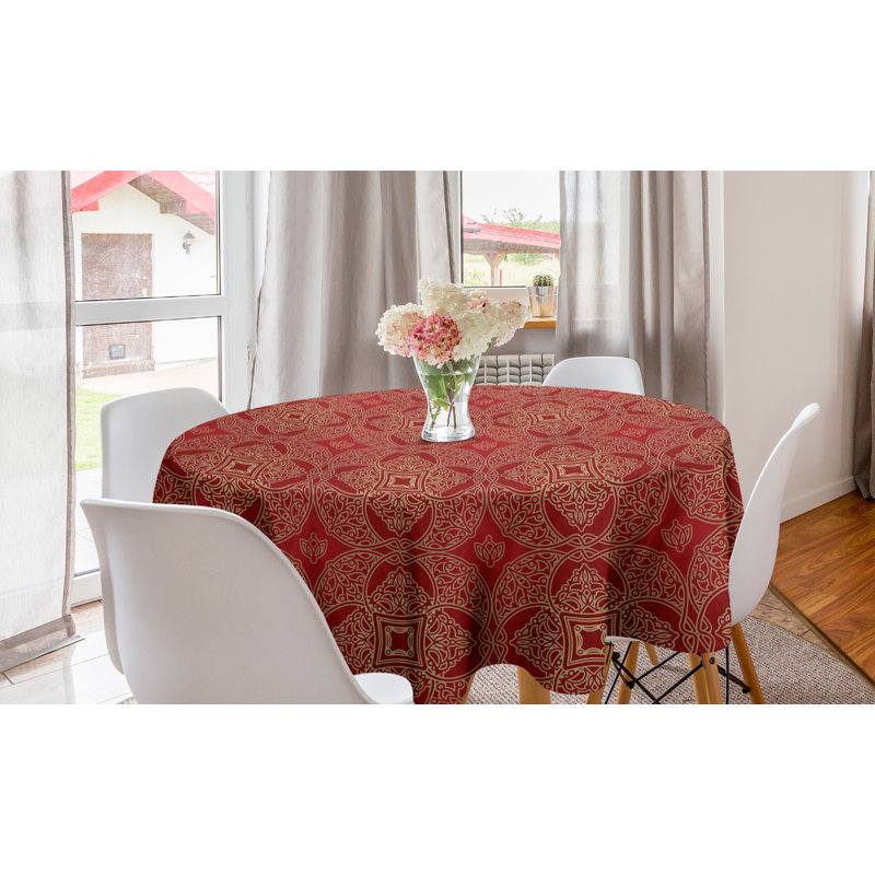 Ambesonne Oriental Round Tablecloth, Continuous Pattern With Repeating Floral Motifs, Circle Table Cloth Cover For Dining Room Kitchen Decoration, 60", Vermilion Camel And Tan