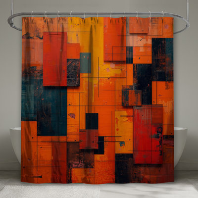 Rideaux de douche orange à blocs géométriques rouges très longs