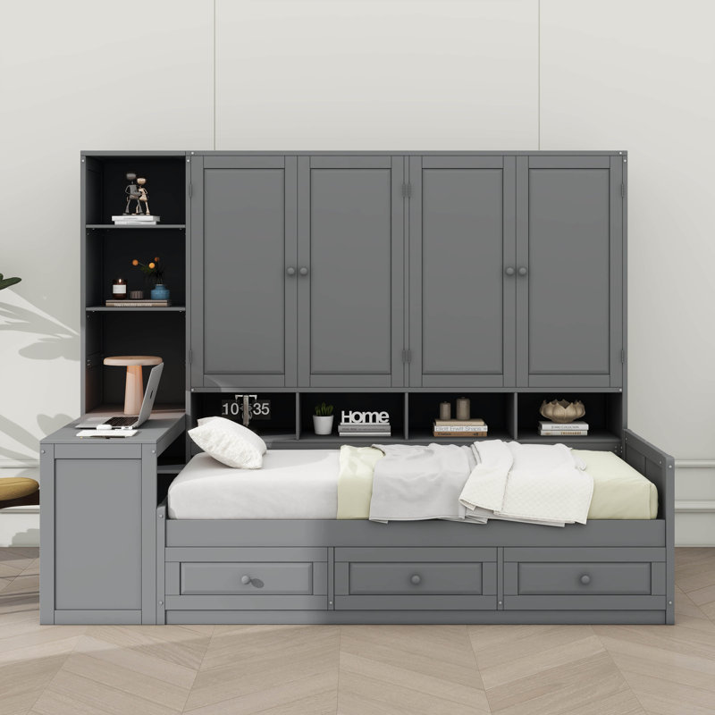 Lit de jour en bois avec trois tiroirs, rangement combiné, bureau et système d'étagères, gris, Simple