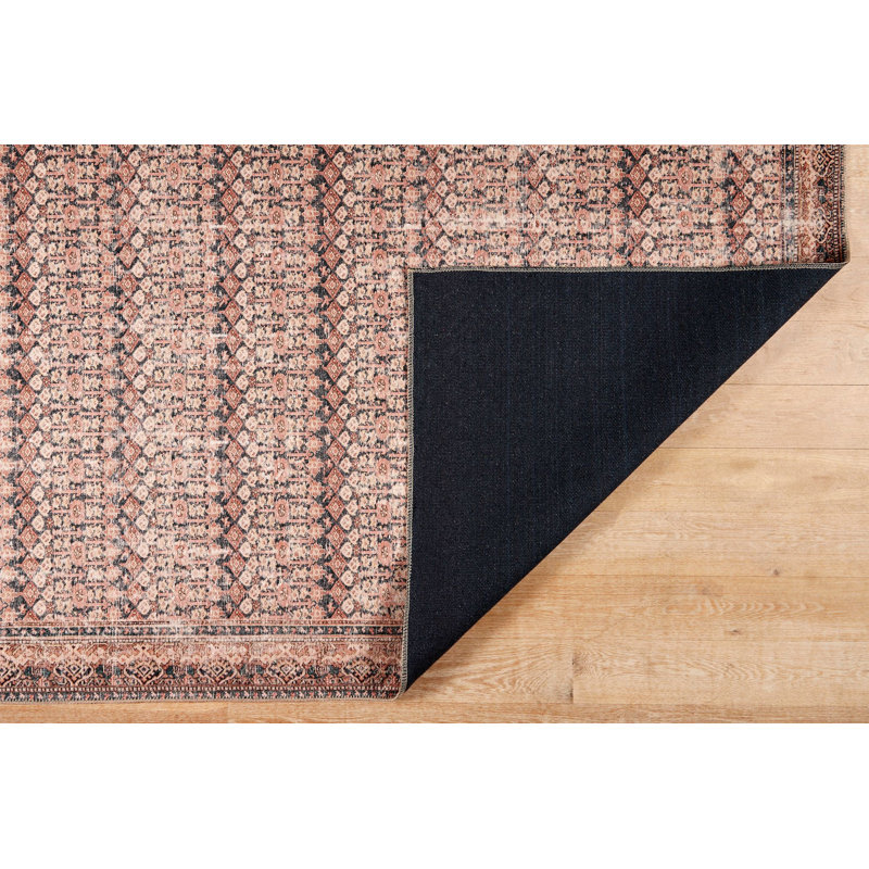 Tapis gris / rouille / rouille lavé à la machine à carreaux traditionnels, Tapis de couloir 2 pi 6 po x 7 pi 6 po