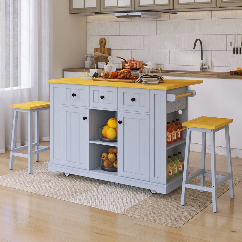 53" Drop-Leaf Countertop Kitchen Cart With Power Outlet And Spice Rack & Towel Rack, Gray