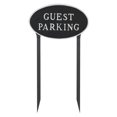 Grande enseigne ovale de 10 po x 18 po pour le stationnement des invités avec piquets de pelouse - noir / argent