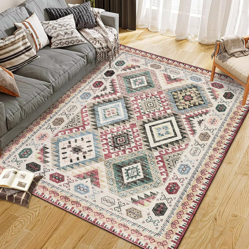 Washable Modern Area Rug Geometry Style Bohemian Rustic Geometric Easy-Cleaning Bedroom Kitchen Living Room Non Shedding Dining Nursery Farmhouse Rugs