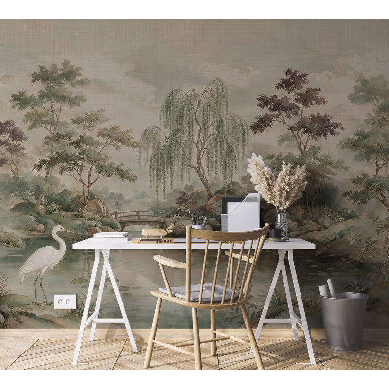 Papier peint mural vintage serein représentant un paysage de héron dans un jardin asiatique., L 150 x L 108, Non tissé