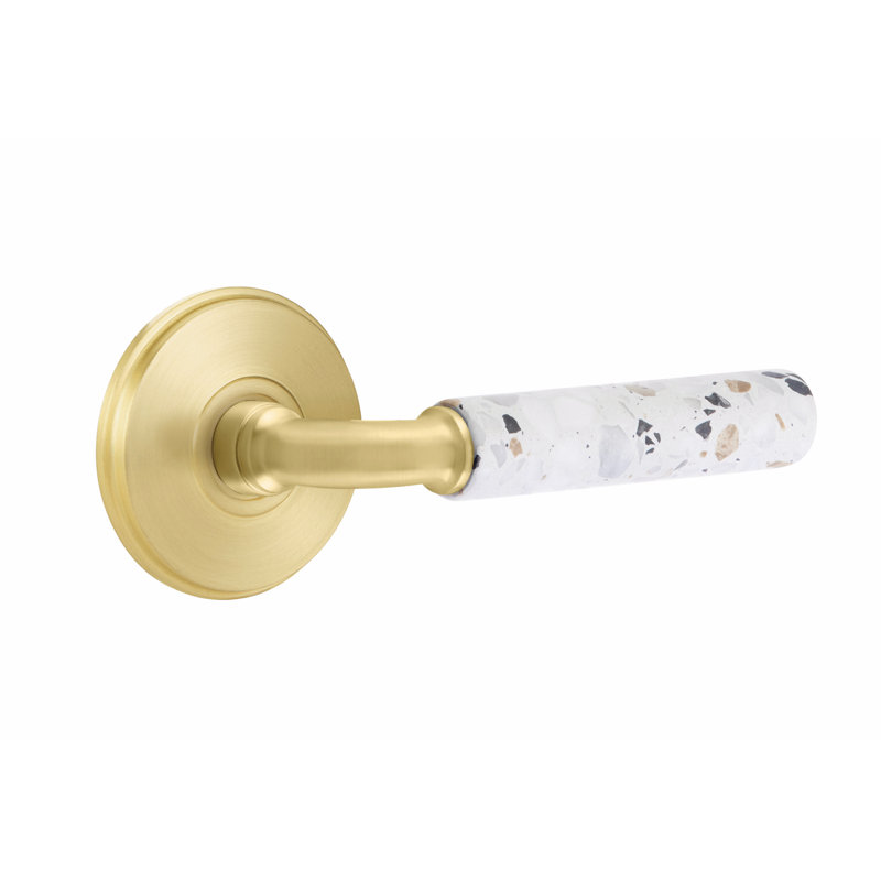 Ensemble de faux levier Emtek Select, rosette Watford, tige R-Bar, poignée terrazzo légère, Laiton satiné / terrazzo clair