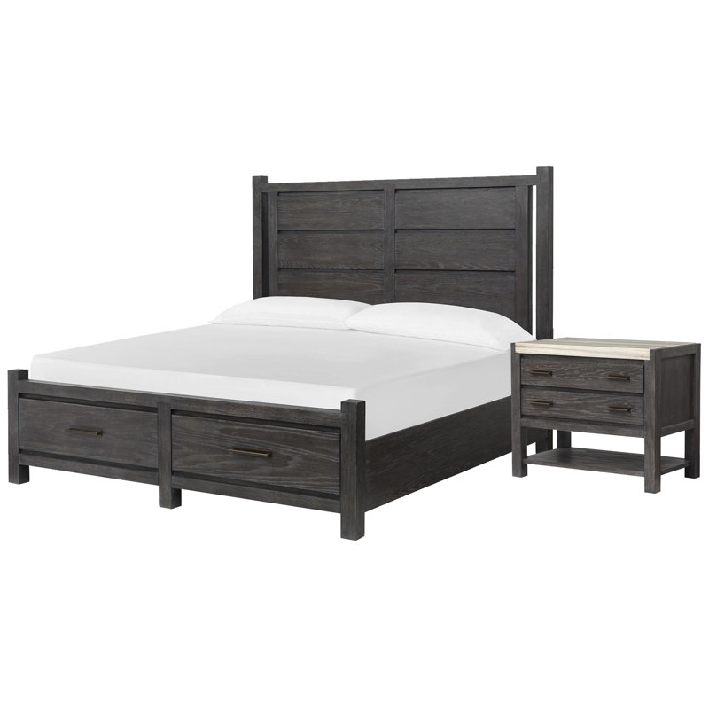Grand lit avec panneau de rangement Wilmot, 2 pièces : Lit, table de chevet, Grand