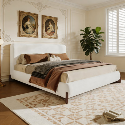 Elegant Terry Upholstered Bed, Dark Brown Wood Legs & Luxurious Design