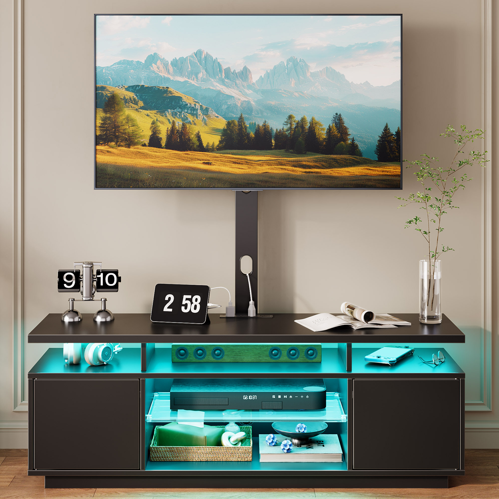 Wrought Studio™ Kappenne Adjustable TV Stand for TVs up to 70" with 2 Storage Cabinets and RGB LED Lights & Reviews | Wayfair