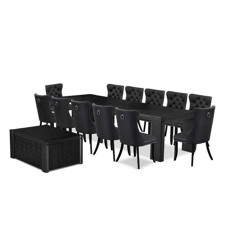 14-piece Kitchen Table Set a Rectangular Xtenczar Table with a coffee Table and 12 Polyester Dining Chairs, Dark Grey, Black