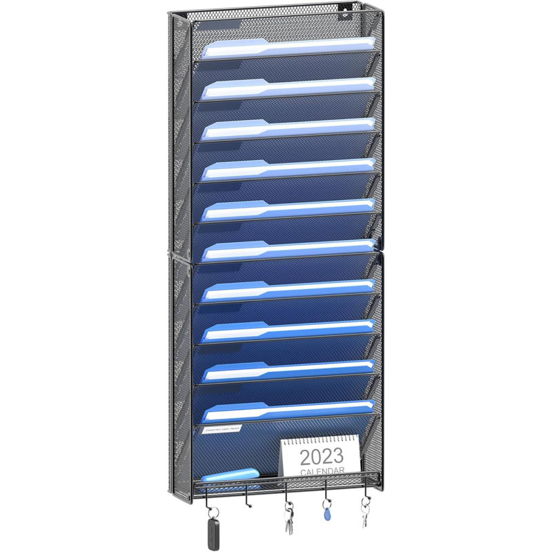 Hanging Wall File Organizer With Hooks, 12 Tier Vertical Wall Mount File Holder, Paper Document Mail Organizer For Office