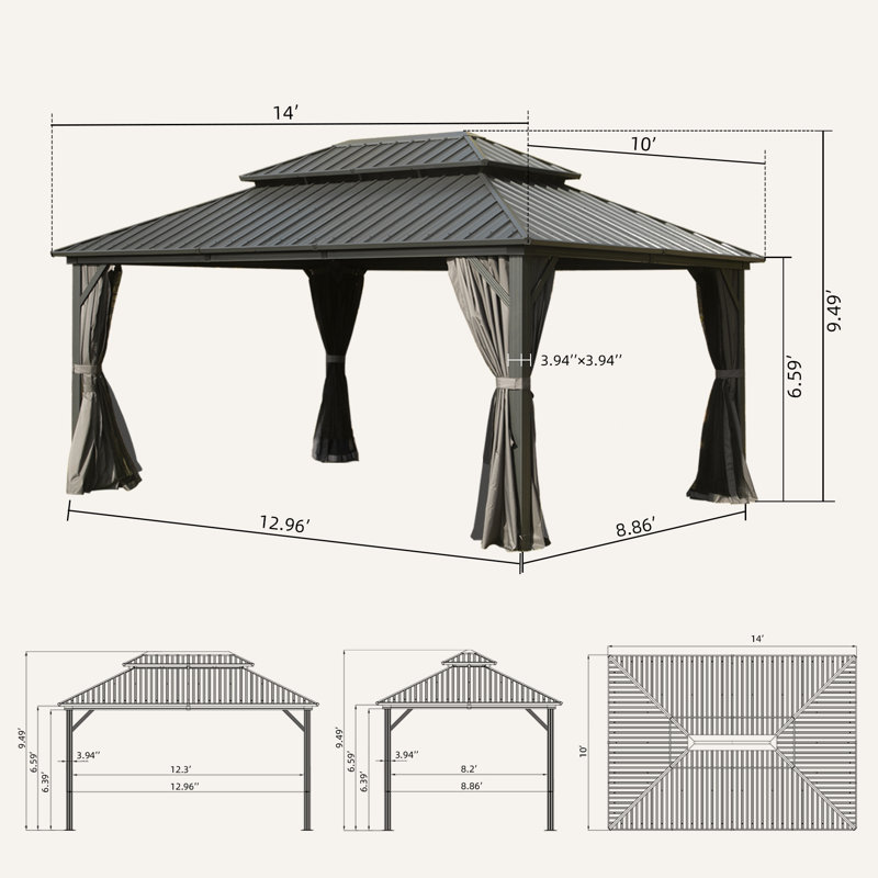 Galvanized Steel Patio Gazebo with Overhang Slope-design Double Roof, 10 ft x 14 ft, Gray