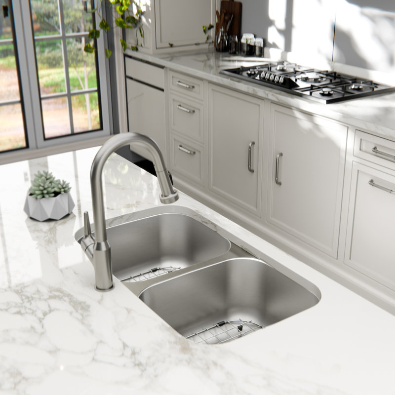 Évier de cuisine à double cuve encastrable en acier inoxydable de calibre 18 avec accessoires Karran Profile