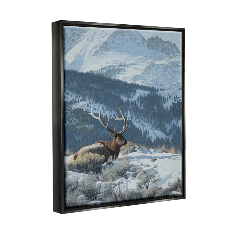 "Millwood Pines Deer In Snowy Mountains", art mural sur toile flottante par Clinton Jammer, Cadre flottant noir de jais