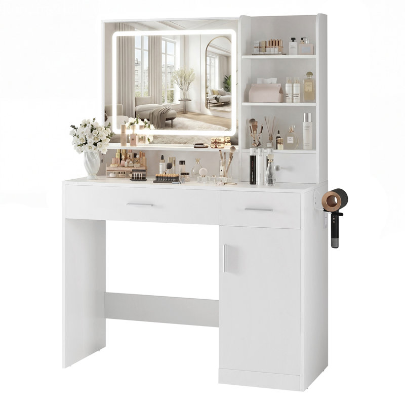 Horicon Vanity Desk with LED Lighted Mirror & Power Outlet, Makeup Table with Drawers & Cabinet