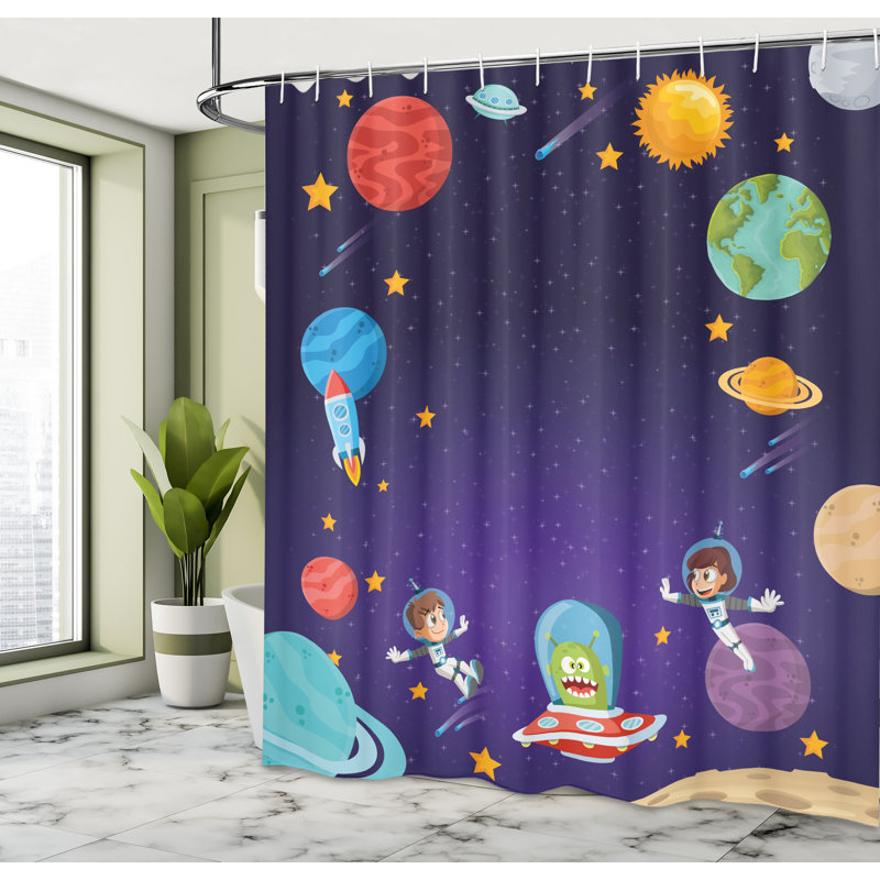 East Urban Home Alien Shower Curtain Astronaut Outer Space Indigo Multicolor, 70"H x 69"W