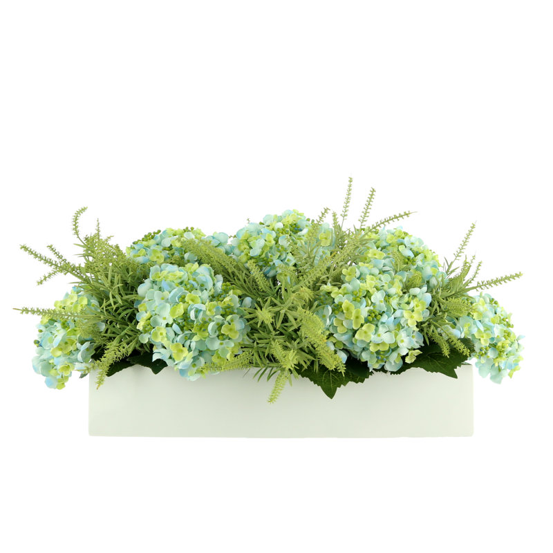 Arrangement de hortensias artificiels en polysilk en pot de fibres, Bleu et vert