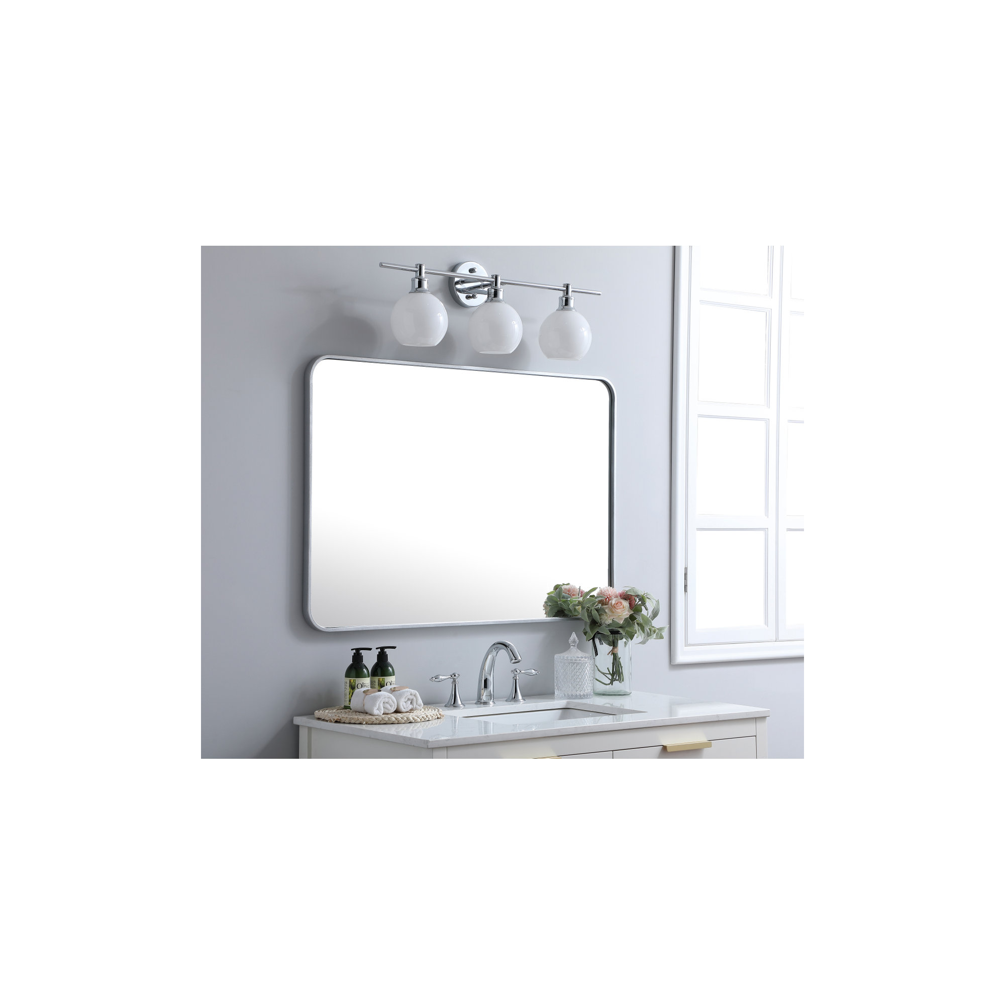 Sabine Metal Rounded Rectangle Wall Mirror, 40" x 27", Silver