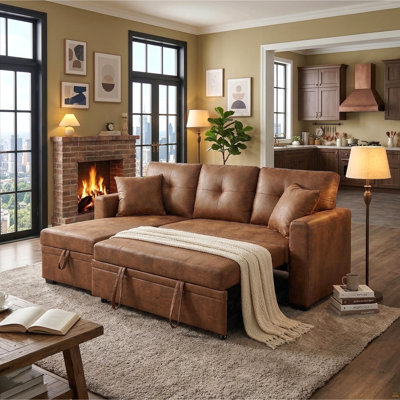 Sleeper Sofa, Sectional with Pull-Out Bed, Reversible Chaise, Storage Sectional,  Light Brown breathable  fabric, Small Space Solution, Convertible Sofa Bed, Living Room Furniture, L-Shaped Sofa