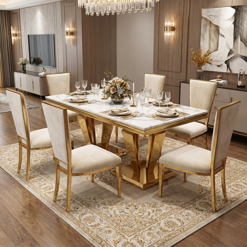 Modern 66.93" Faux Marble Rectangular Dining Table with Stanless Steel Base for 6, White