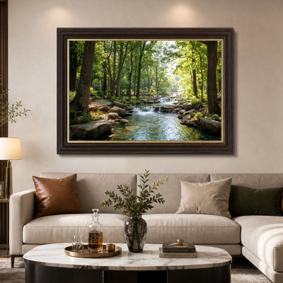 Sunlit Forest Stream With Rocks And Green Trees Canvas Wall Art