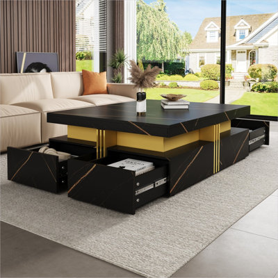 Table basse avec rangement pour le salon, panneau de fibres à densité moyenne noir, carré de 43,3 po, 4 tiroirs