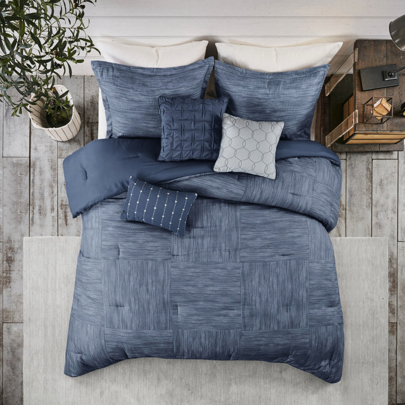 Édredon en seersucker bleu marine 7 pièces - imprimé, facile à entretenir avec des taies décoratives, Marine