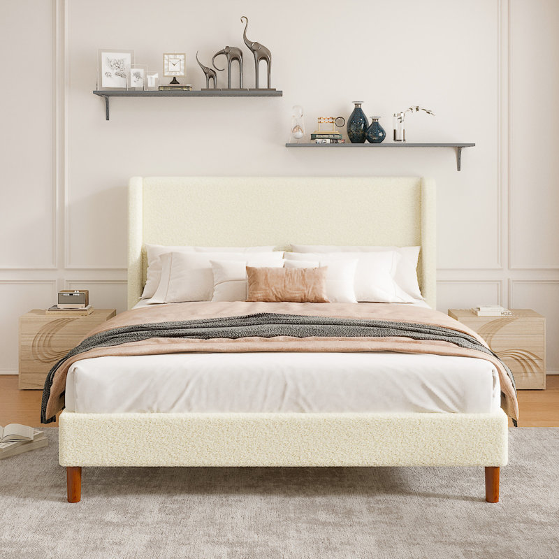 Full Bed Frame, Boucle Upholstered Platform Bed with Wingback Headboard, Strong Wooden Slats Support, Noise-Free Mattress Foundation, No Box Spring Needed, Easy Assembly, Beige