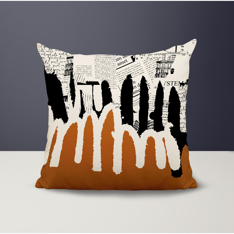 Oreiller carré réversible intérieur / extérieur Kisha, H 15 po x l 15 po, Orange brûlé / noir / blanc cassé abstrait