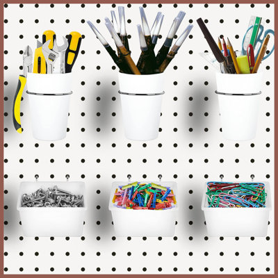 6 Pack Pegboard Cups and Bins with Hooks, White Pegboard Storage Organizer for Garage Workbench