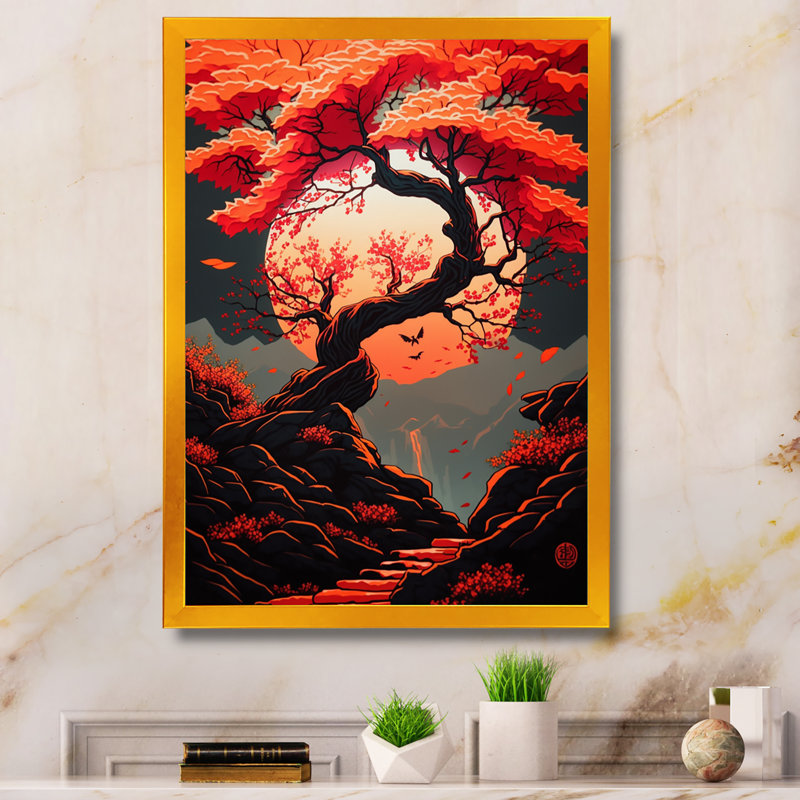 «Orange Cherry Blossum Tree», reproduction sur toile, Impression dorée sur toile encadrée, L 24 po x H 32 po