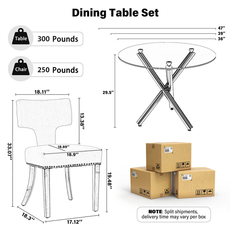 Modern Round Tempered Glass Pedestal Dining Set with Chenille Dininig Chair, 29.9" H x 39" W x 39" D, Gray, Silver