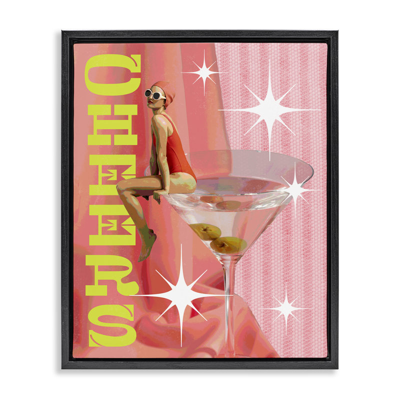  «Cheers Retro Drink & Swimmer», art mural sur toile par Daphne Polselli, H 21 po x l 17 po, Cadre flottant noir de jais