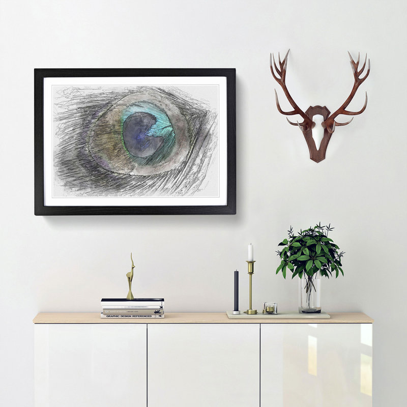 Delicate Peacock Feather in Abstract - Picture Frame Graphic Art Print, Black Framed, 36cm H x 48cm W x 2cm D