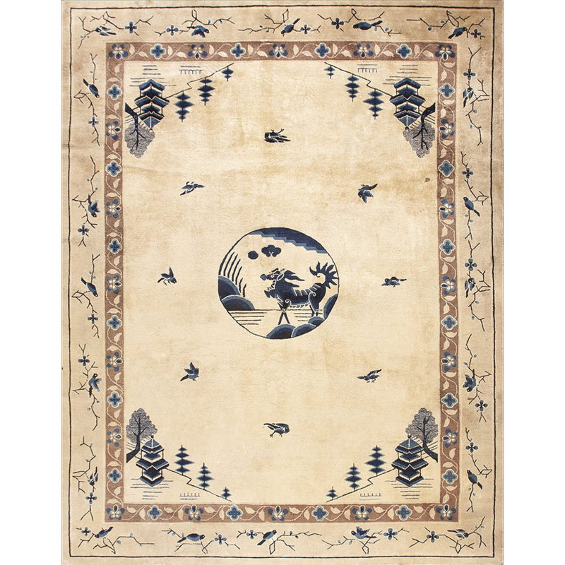 1890s Rectangle Wool Antique Ivory Beige Cream White Hand Knotted Pile Rug