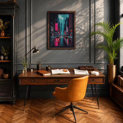 Neon City Rain Modern - Framed Print
