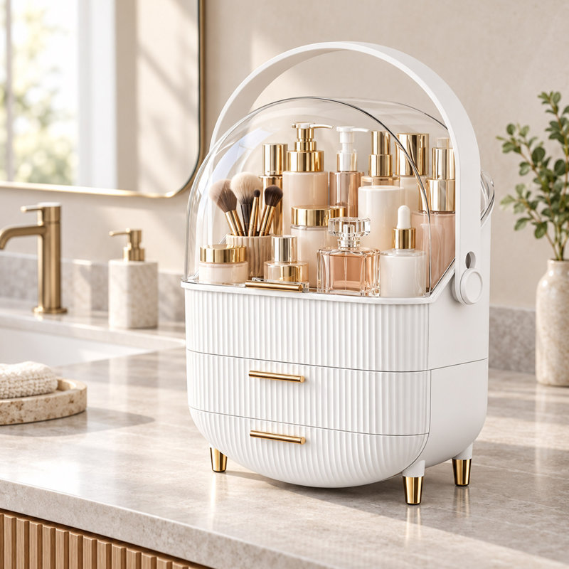 Organisateur de maquillage avec tiroirs, couvercle en acrylique transparent et poignée dorée