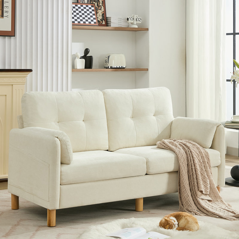 65.4" Chenille Upholstered Loveseat Sofa with Pillow Top Arms, 2 Storage Pockets, Beige