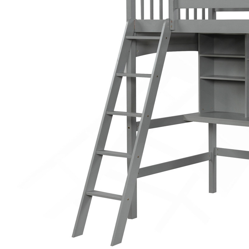 Twin Size Loft Bed With Storage Shelves, Desk And Ladder, Grey